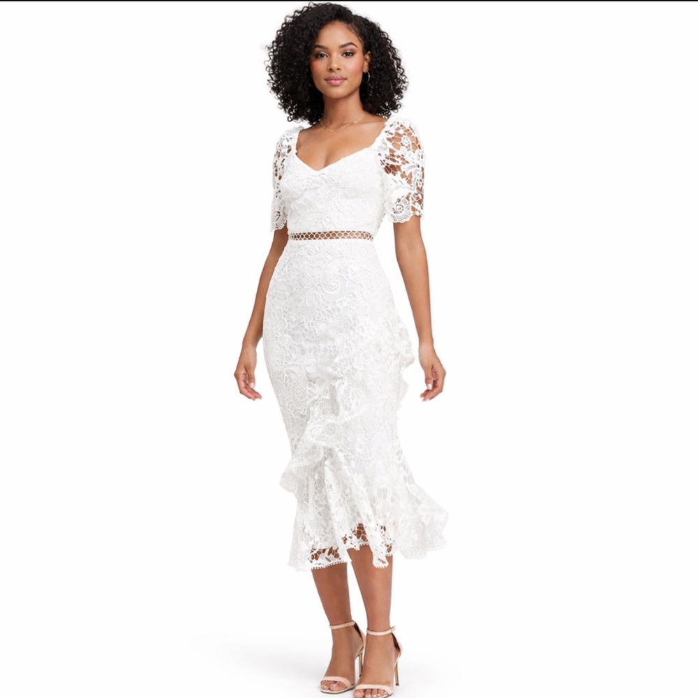 Lulus , NWT White Crochet Lace Ruffled Midi Dress, Size L